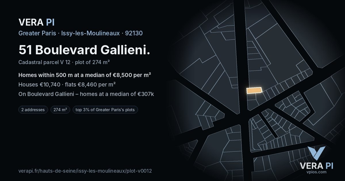 51 Boulevard Gallieni, Issy-les-Moulineaux at night – the plot lit, the parcels around coloured by the prices near them