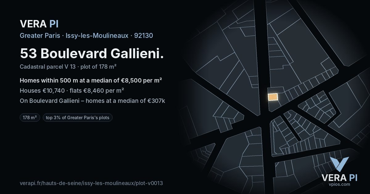 53 Boulevard Gallieni, Issy-les-Moulineaux at night – the plot lit, the parcels around coloured by the prices near them