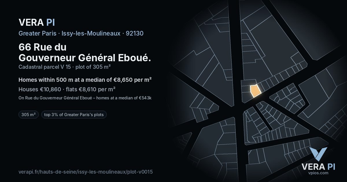 66 Rue du Gouverneur Général Eboué, Issy-les-Moulineaux at night – the plot lit, the parcels around coloured by the prices near them