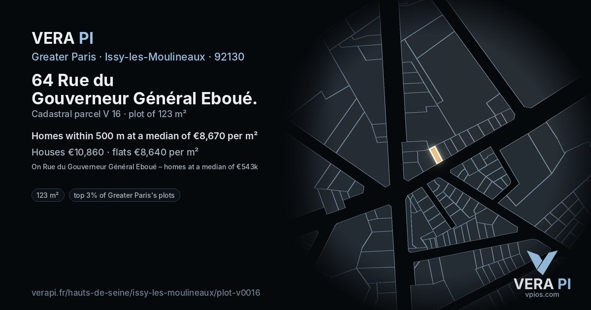 64 Rue du Gouverneur Général Eboué, Issy-les-Moulineaux at night – the plot lit, the parcels around coloured by the prices near them