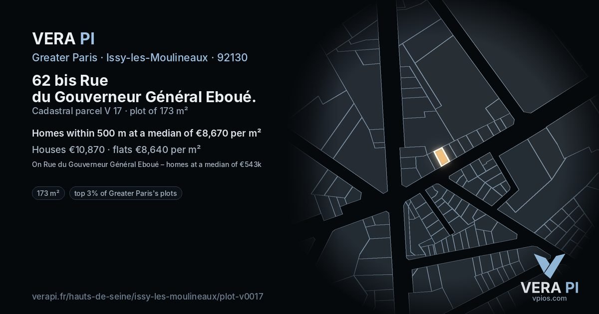 62 bis Rue du Gouverneur Général Eboué, Issy-les-Moulineaux at night – the plot lit, the parcels around coloured by the prices near them