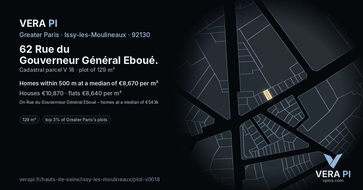 62 Rue du Gouverneur Général Eboué, Issy-les-Moulineaux at night – the plot lit, the parcels around coloured by the prices near them