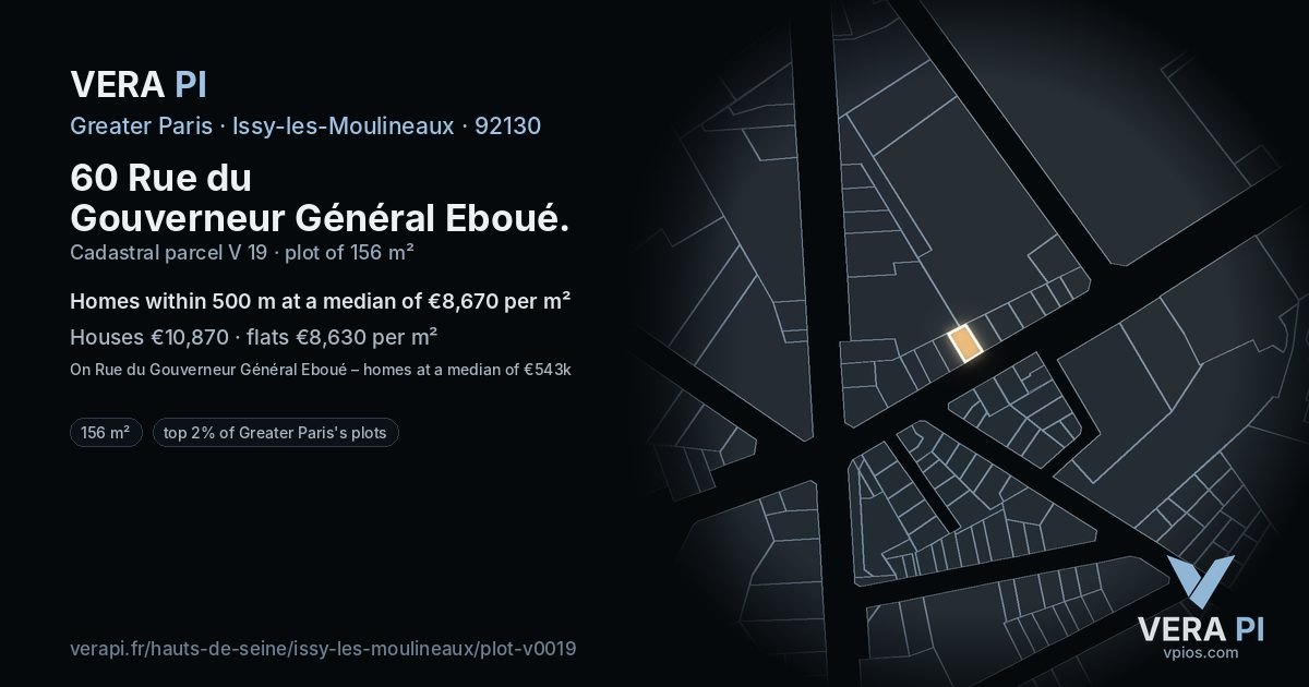 60 Rue du Gouverneur Général Eboué, Issy-les-Moulineaux at night – the plot lit, the parcels around coloured by the prices near them