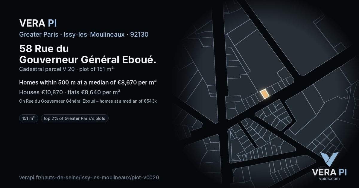 58 Rue du Gouverneur Général Eboué, Issy-les-Moulineaux at night – the plot lit, the parcels around coloured by the prices near them