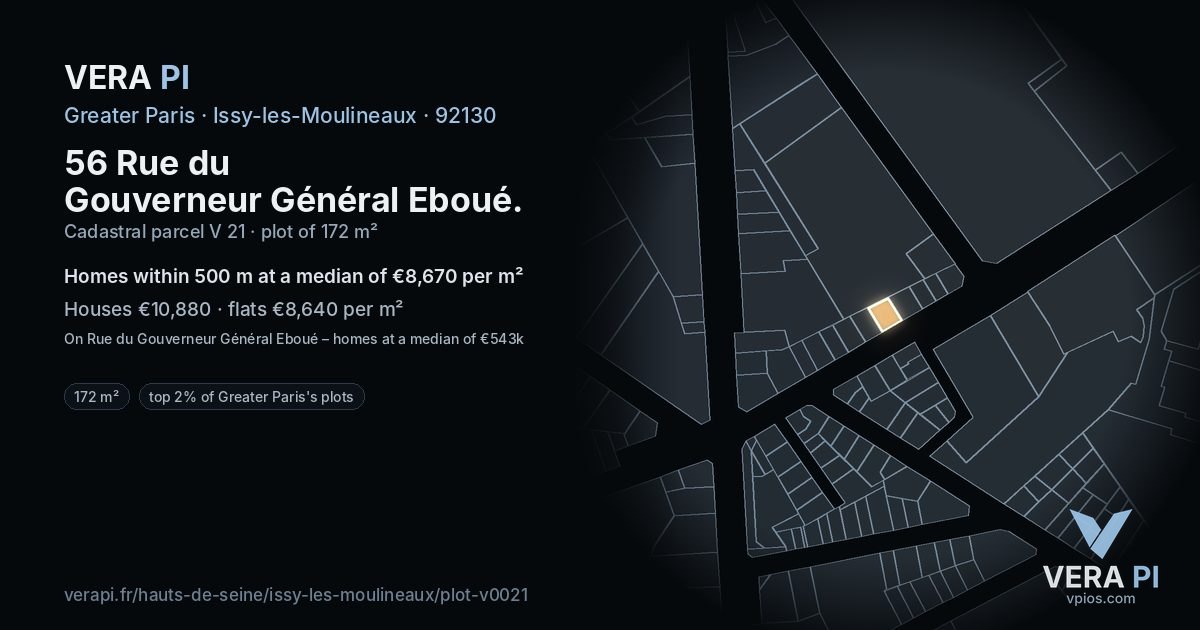 56 Rue du Gouverneur Général Eboué, Issy-les-Moulineaux at night – the plot lit, the parcels around coloured by the prices near them