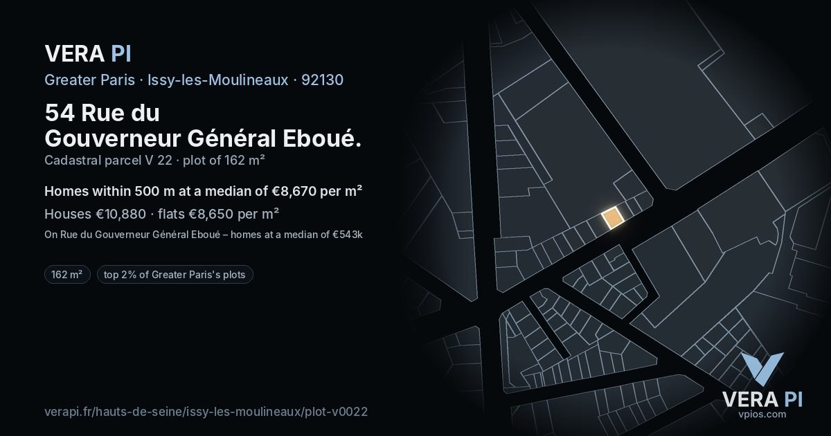 54 Rue du Gouverneur Général Eboué, Issy-les-Moulineaux at night – the plot lit, the parcels around coloured by the prices near them