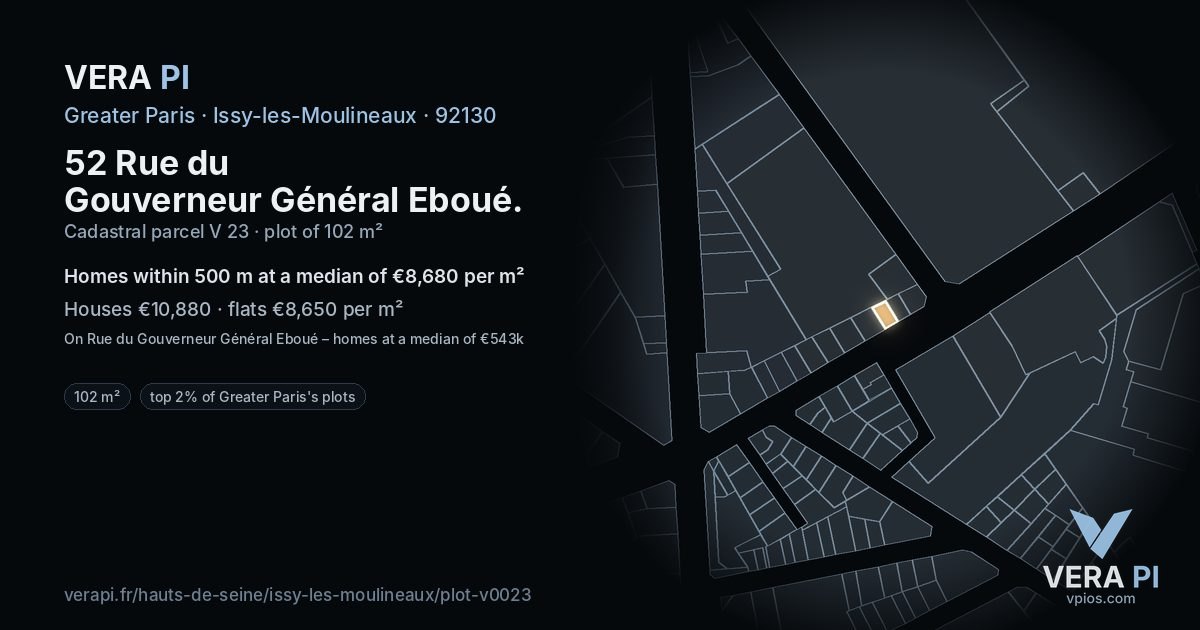 52 Rue du Gouverneur Général Eboué, Issy-les-Moulineaux at night – the plot lit, the parcels around coloured by the prices near them