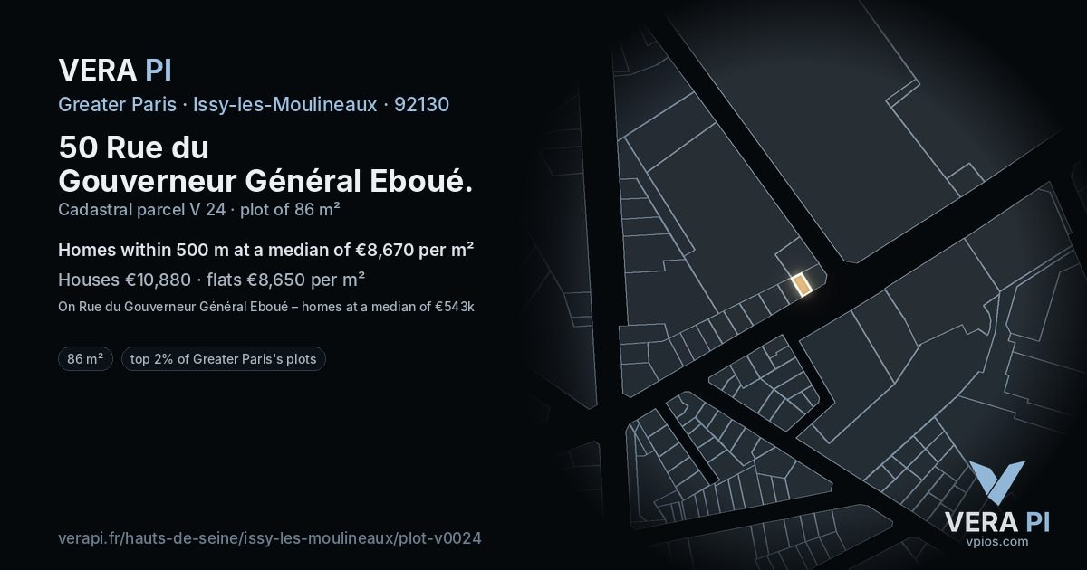 50 Rue du Gouverneur Général Eboué, Issy-les-Moulineaux at night – the plot lit, the parcels around coloured by the prices near them