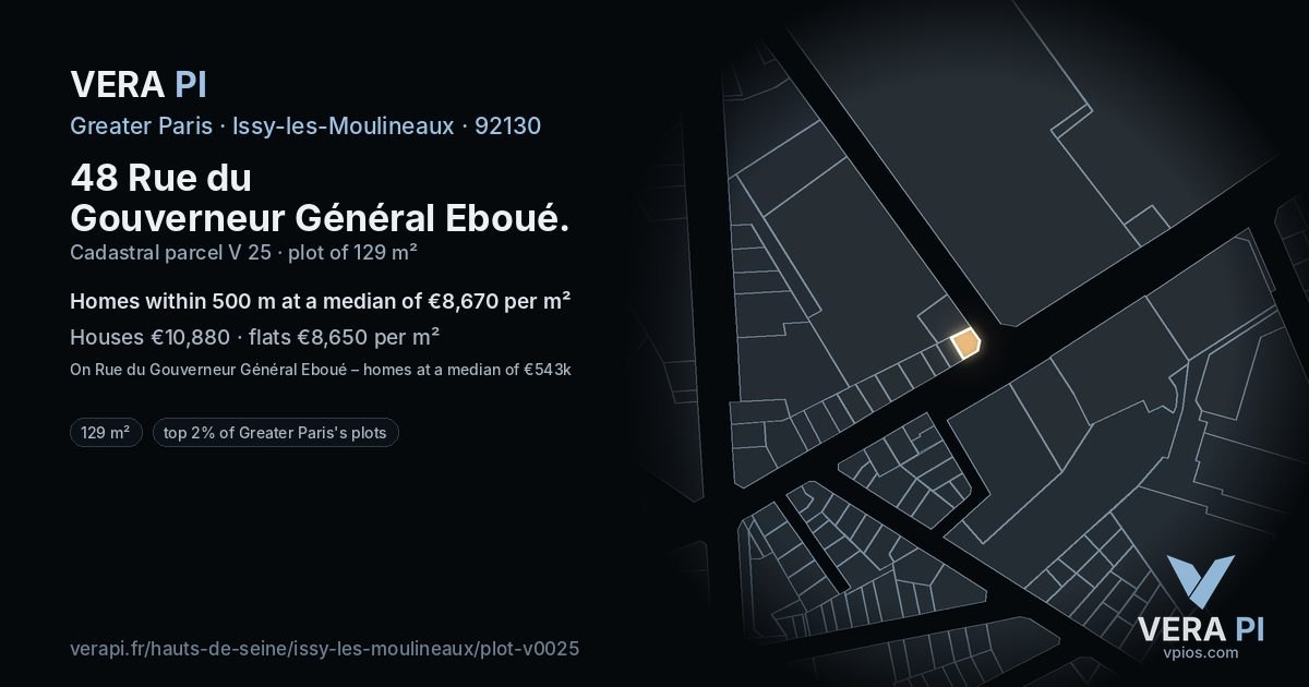 48 Rue du Gouverneur Général Eboué, Issy-les-Moulineaux at night – the plot lit, the parcels around coloured by the prices near them