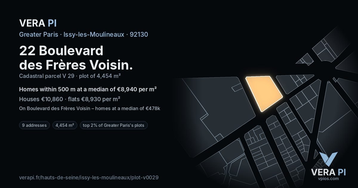 22 Boulevard des Frères Voisin, Issy-les-Moulineaux at night – the plot lit, the parcels around coloured by the prices near them