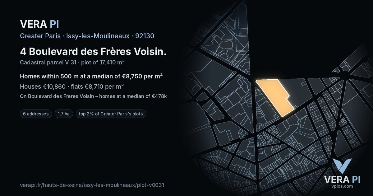 4 Boulevard des Frères Voisin, Issy-les-Moulineaux at night – the plot lit, the parcels around coloured by the prices near them