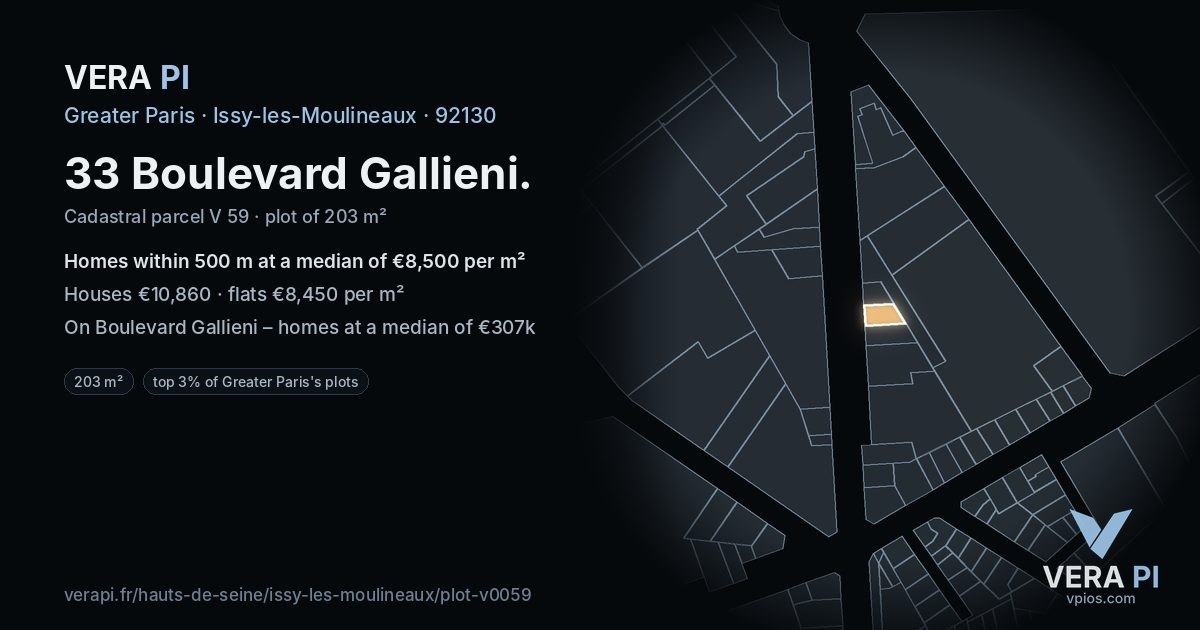 33 Boulevard Gallieni, Issy-les-Moulineaux at night – the plot lit, the parcels around coloured by the prices near them