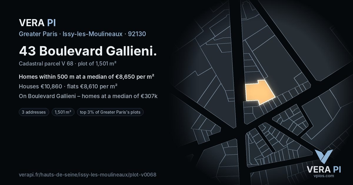43 Boulevard Gallieni, Issy-les-Moulineaux at night – the plot lit, the parcels around coloured by the prices near them