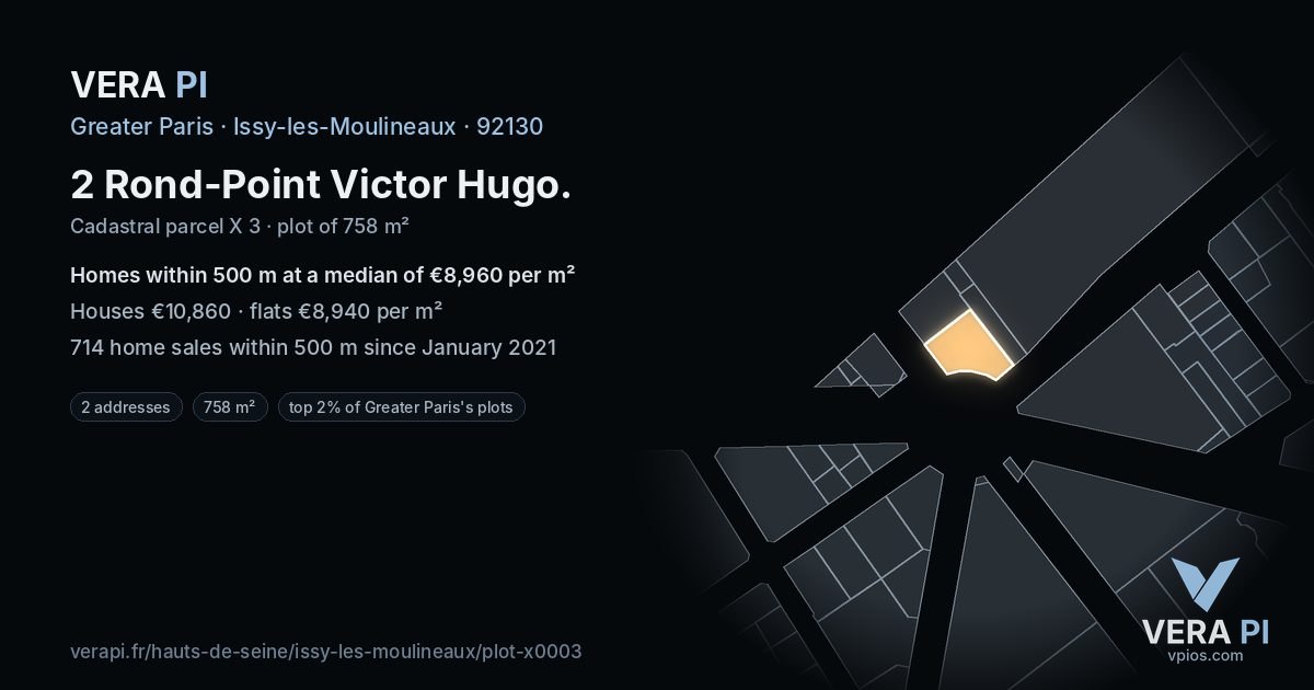 2 Rond-Point Victor Hugo, Issy-les-Moulineaux at night – the plot lit, the parcels around coloured by the prices near them