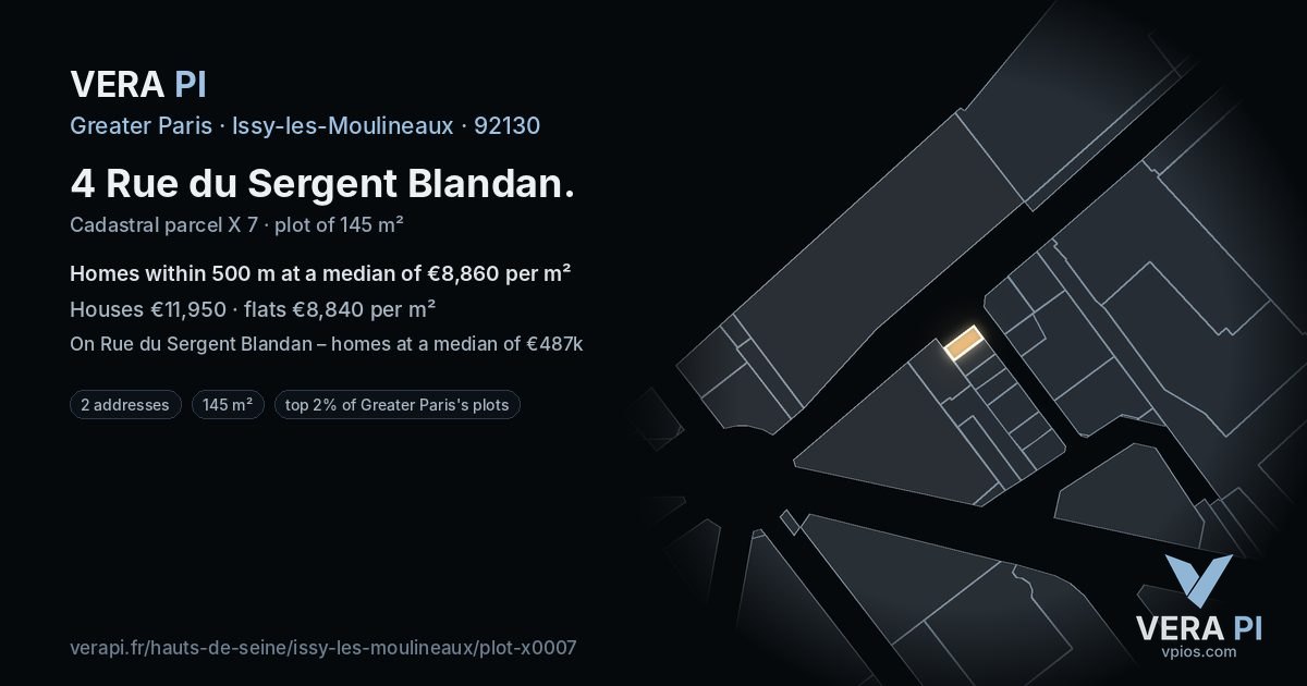 4 Rue du Sergent Blandan, Issy-les-Moulineaux at night – the plot lit, the parcels around coloured by the prices near them