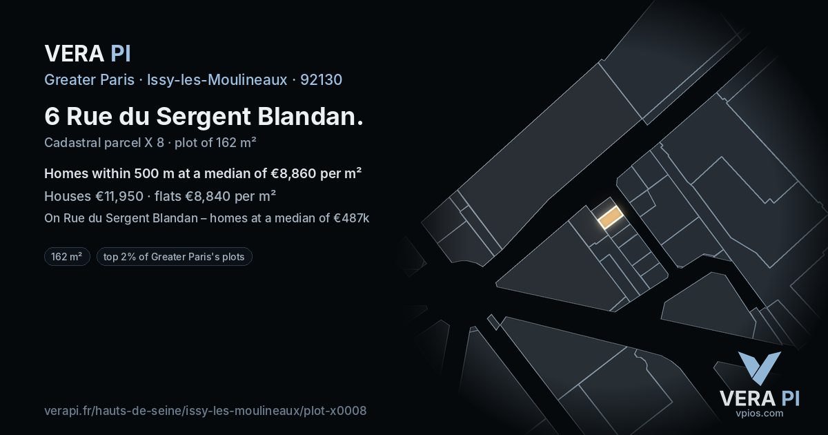 6 Rue du Sergent Blandan, Issy-les-Moulineaux at night – the plot lit, the parcels around coloured by the prices near them