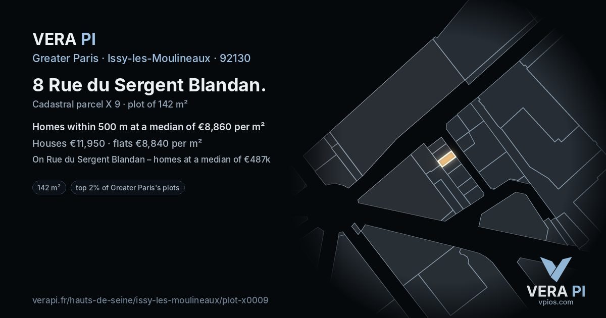 8 Rue du Sergent Blandan, Issy-les-Moulineaux at night – the plot lit, the parcels around coloured by the prices near them