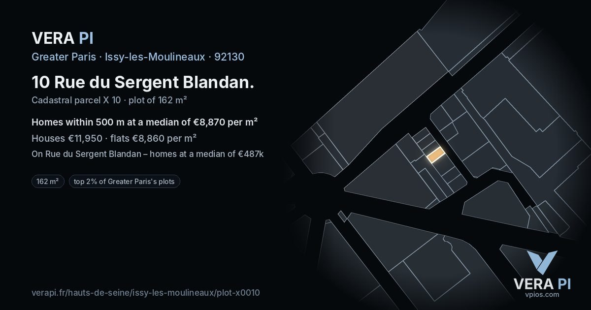 10 Rue du Sergent Blandan, Issy-les-Moulineaux at night – the plot lit, the parcels around coloured by the prices near them
