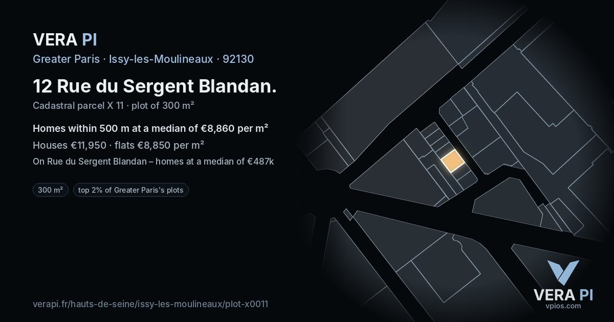 12 Rue du Sergent Blandan, Issy-les-Moulineaux at night – the plot lit, the parcels around coloured by the prices near them