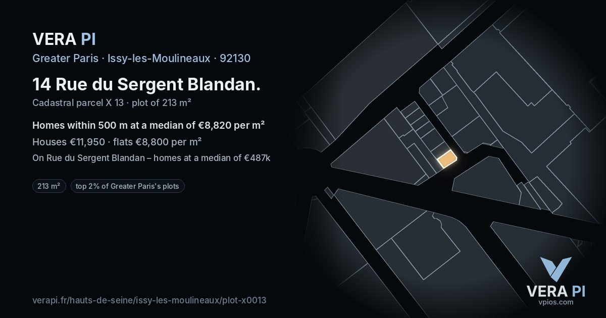 14 Rue du Sergent Blandan, Issy-les-Moulineaux at night – the plot lit, the parcels around coloured by the prices near them