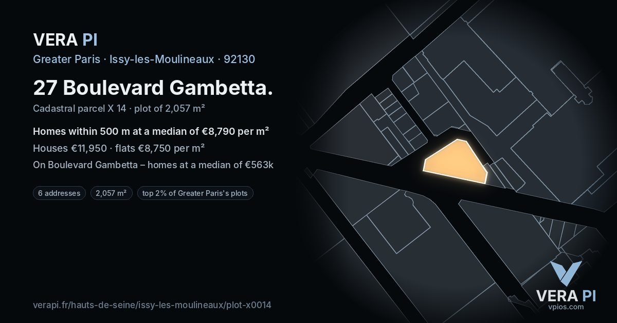 27 Boulevard Gambetta, Issy-les-Moulineaux at night – the plot lit, the parcels around coloured by the prices near them