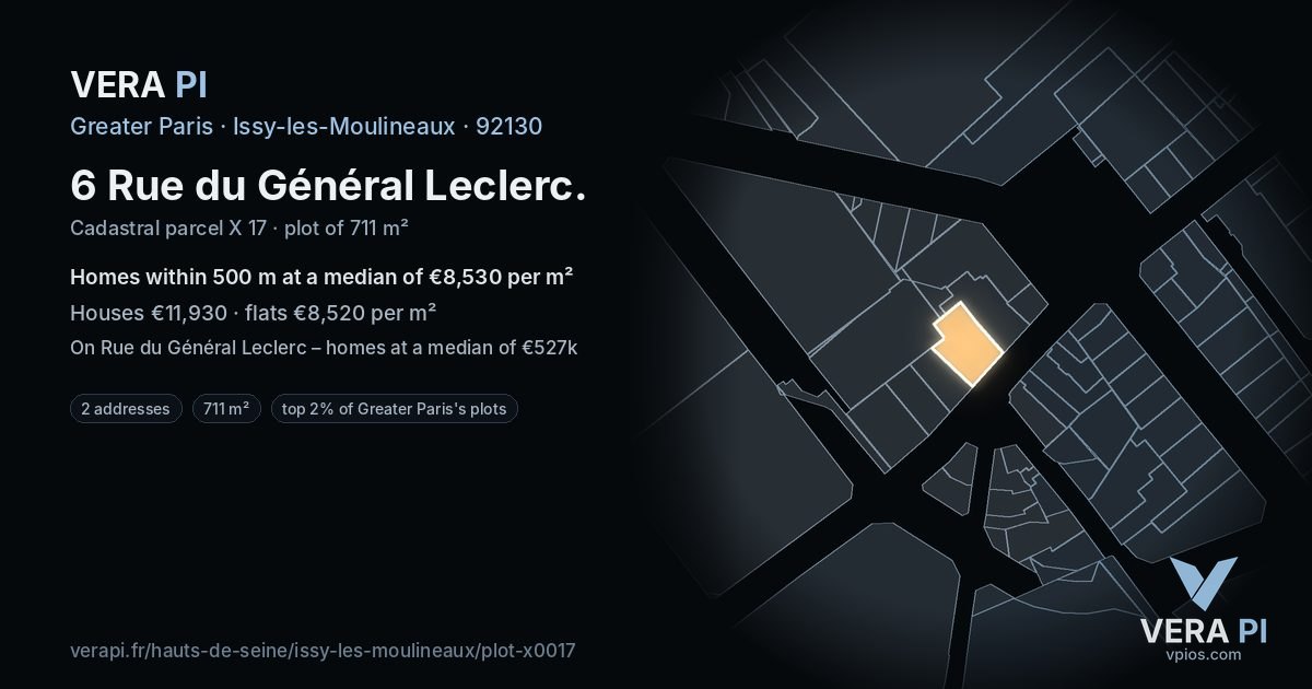6 Rue du Général Leclerc, Issy-les-Moulineaux at night – the plot lit, the parcels around coloured by the prices near them