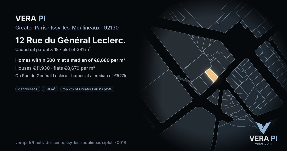 12 Rue du Général Leclerc, Issy-les-Moulineaux at night – the plot lit, the parcels around coloured by the prices near them