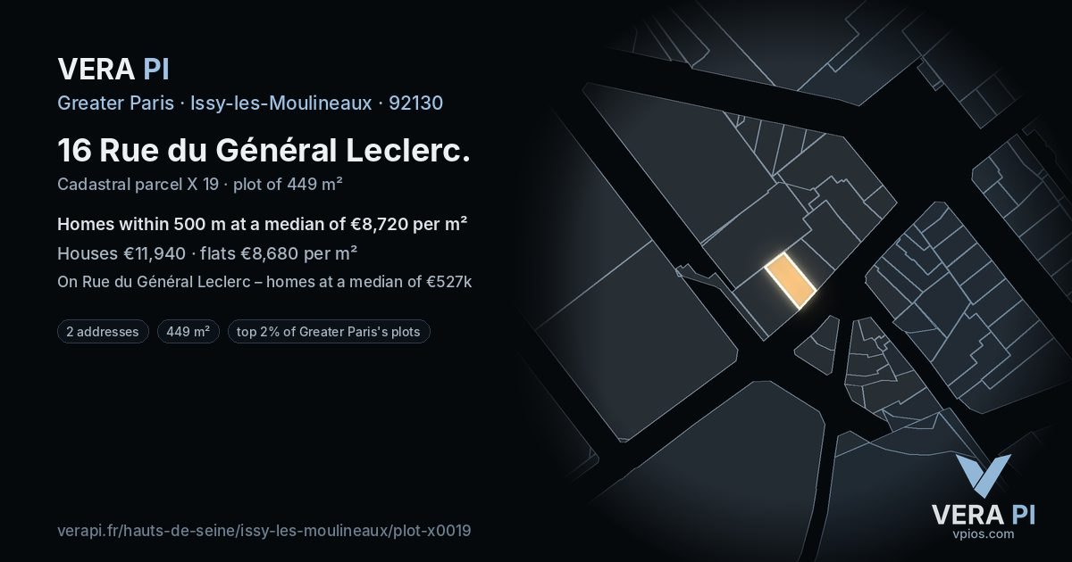 16 Rue du Général Leclerc, Issy-les-Moulineaux at night – the plot lit, the parcels around coloured by the prices near them