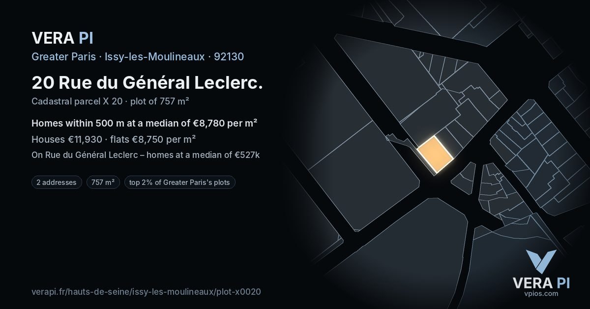 20 Rue du Général Leclerc, Issy-les-Moulineaux at night – the plot lit, the parcels around coloured by the prices near them