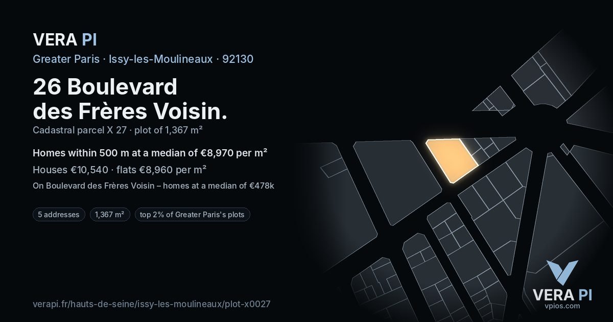 26 Boulevard des Frères Voisin, Issy-les-Moulineaux at night – the plot lit, the parcels around coloured by the prices near them