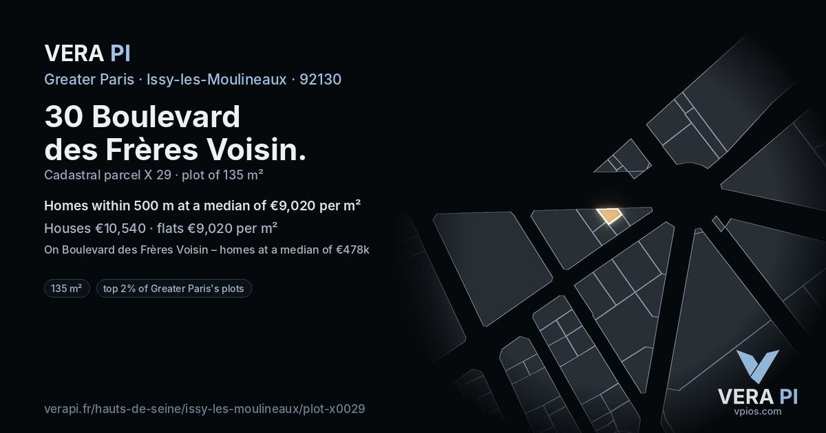 30 Boulevard des Frères Voisin, Issy-les-Moulineaux at night – the plot lit, the parcels around coloured by the prices near them