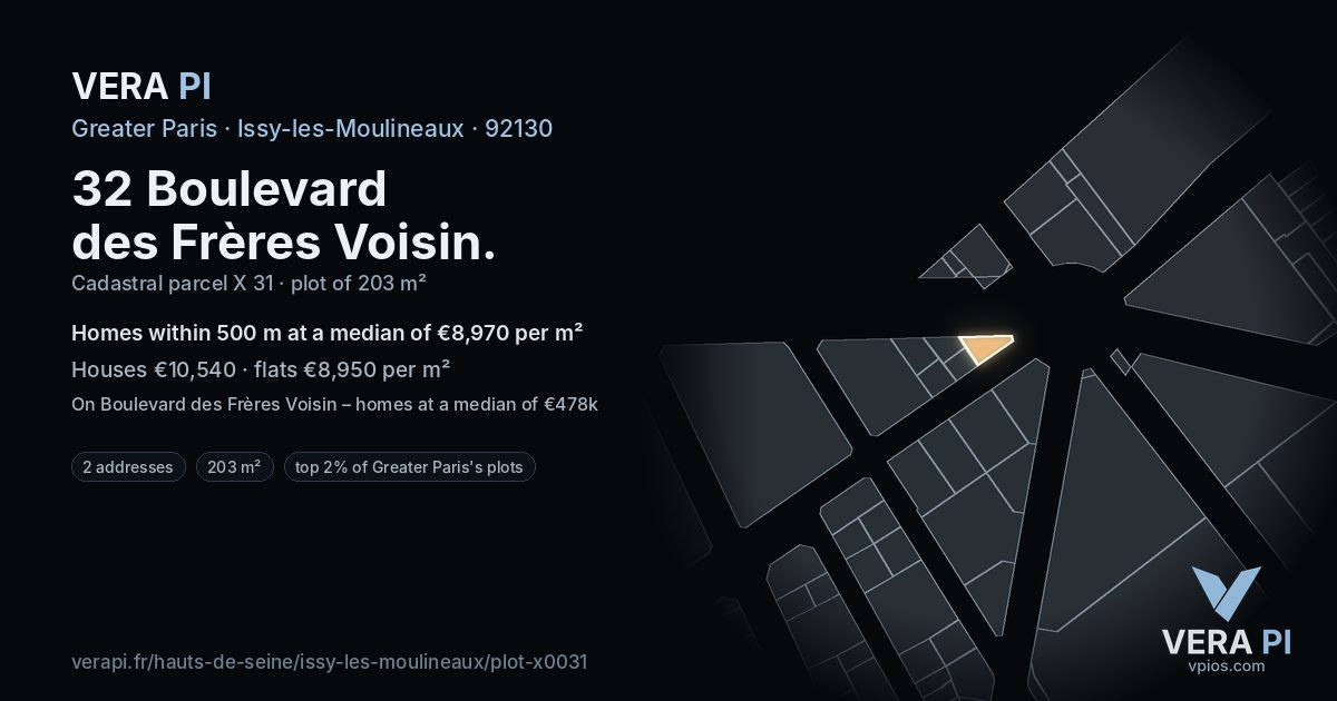32 Boulevard des Frères Voisin, Issy-les-Moulineaux at night – the plot lit, the parcels around coloured by the prices near them