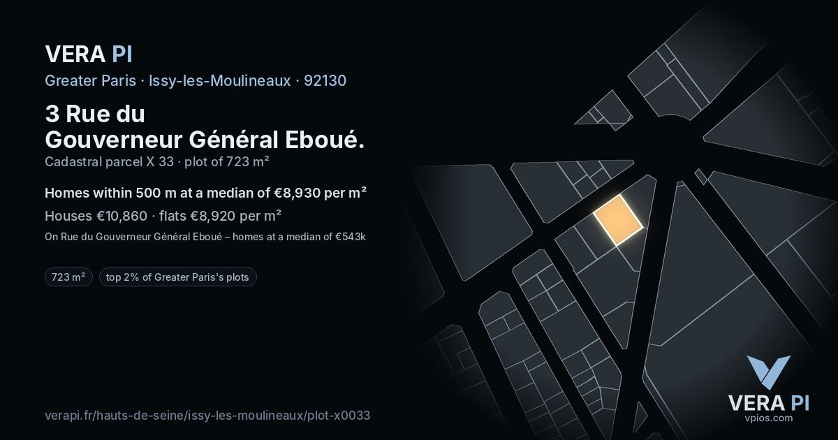 3 Rue du Gouverneur Général Eboué, Issy-les-Moulineaux at night – the plot lit, the parcels around coloured by the prices near them