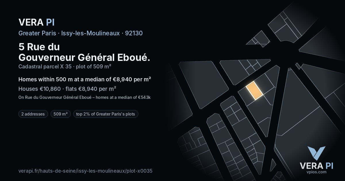 5 Rue du Gouverneur Général Eboué, Issy-les-Moulineaux at night – the plot lit, the parcels around coloured by the prices near them