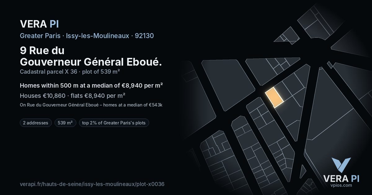 9 Rue du Gouverneur Général Eboué, Issy-les-Moulineaux at night – the plot lit, the parcels around coloured by the prices near them