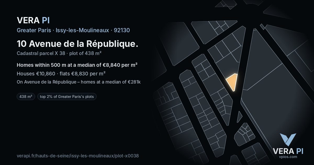 10 Avenue de la République, Issy-les-Moulineaux at night – the plot lit, the parcels around coloured by the prices near them