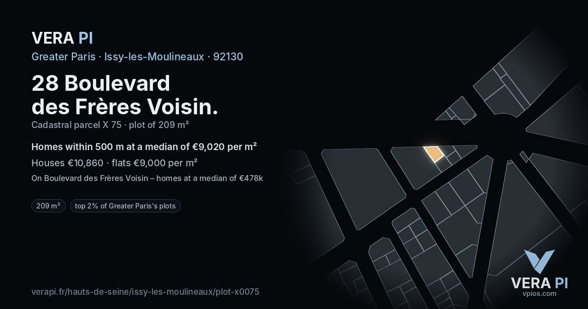 28 Boulevard des Frères Voisin, Issy-les-Moulineaux at night – the plot lit, the parcels around coloured by the prices near them