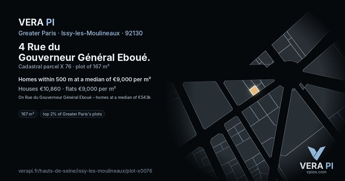 4 Rue du Gouverneur Général Eboué, Issy-les-Moulineaux at night – the plot lit, the parcels around coloured by the prices near them