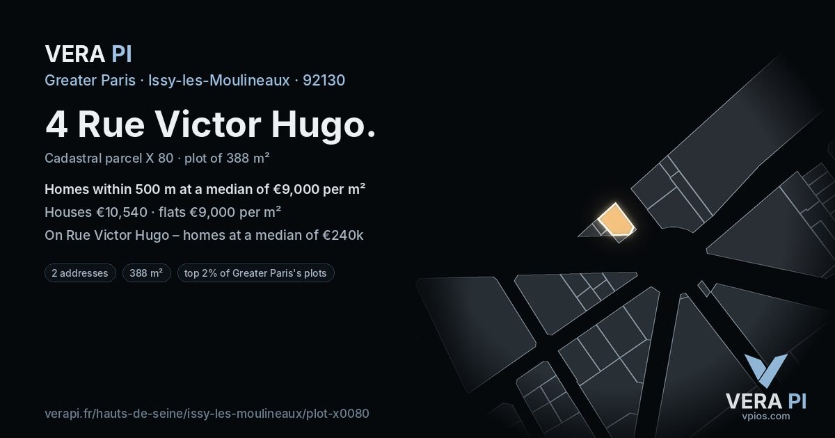 4 Rue Victor Hugo, Issy-les-Moulineaux at night – the plot lit, the parcels around coloured by the prices near them