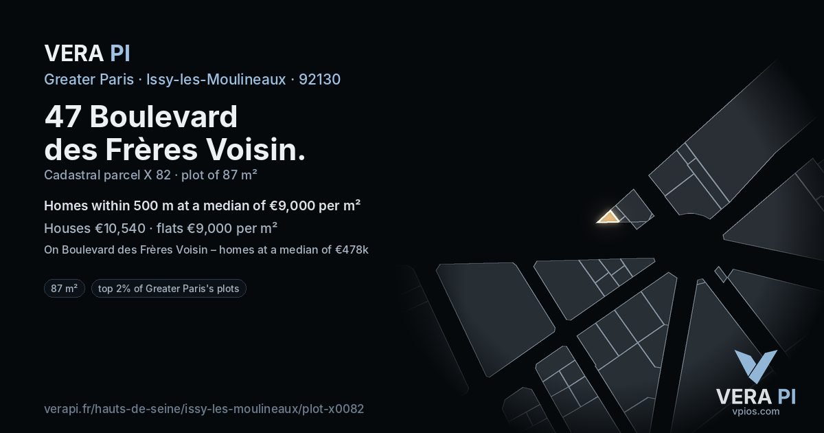 47 Boulevard des Frères Voisin, Issy-les-Moulineaux at night – the plot lit, the parcels around coloured by the prices near them
