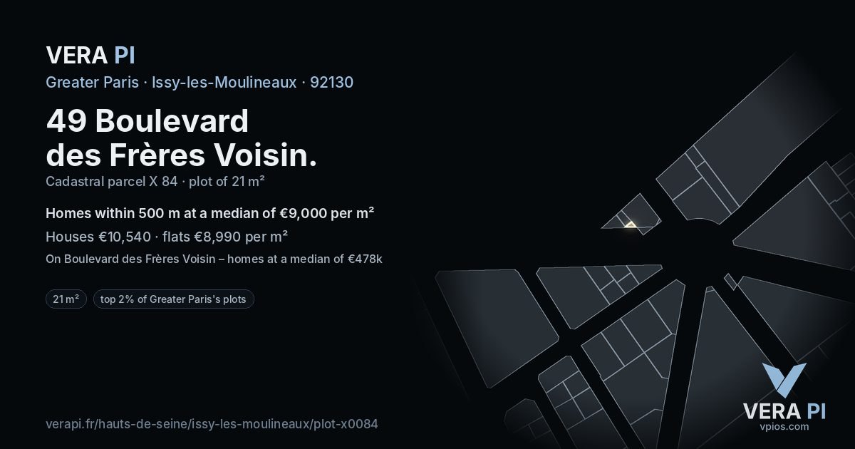 49 Boulevard des Frères Voisin, Issy-les-Moulineaux at night – the plot lit, the parcels around coloured by the prices near them