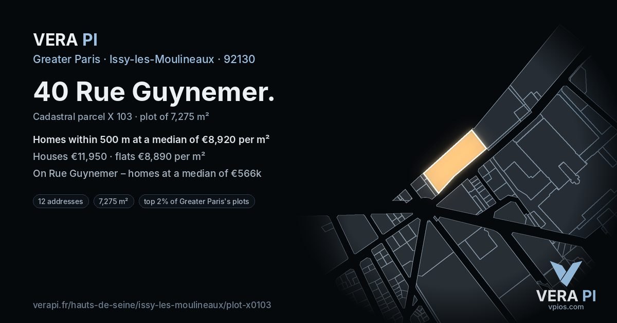 40 Rue Guynemer, Issy-les-Moulineaux at night – the plot lit, the parcels around coloured by the prices near them