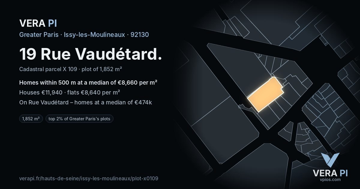 19 Rue Vaudétard, Issy-les-Moulineaux at night – the plot lit, the parcels around coloured by the prices near them