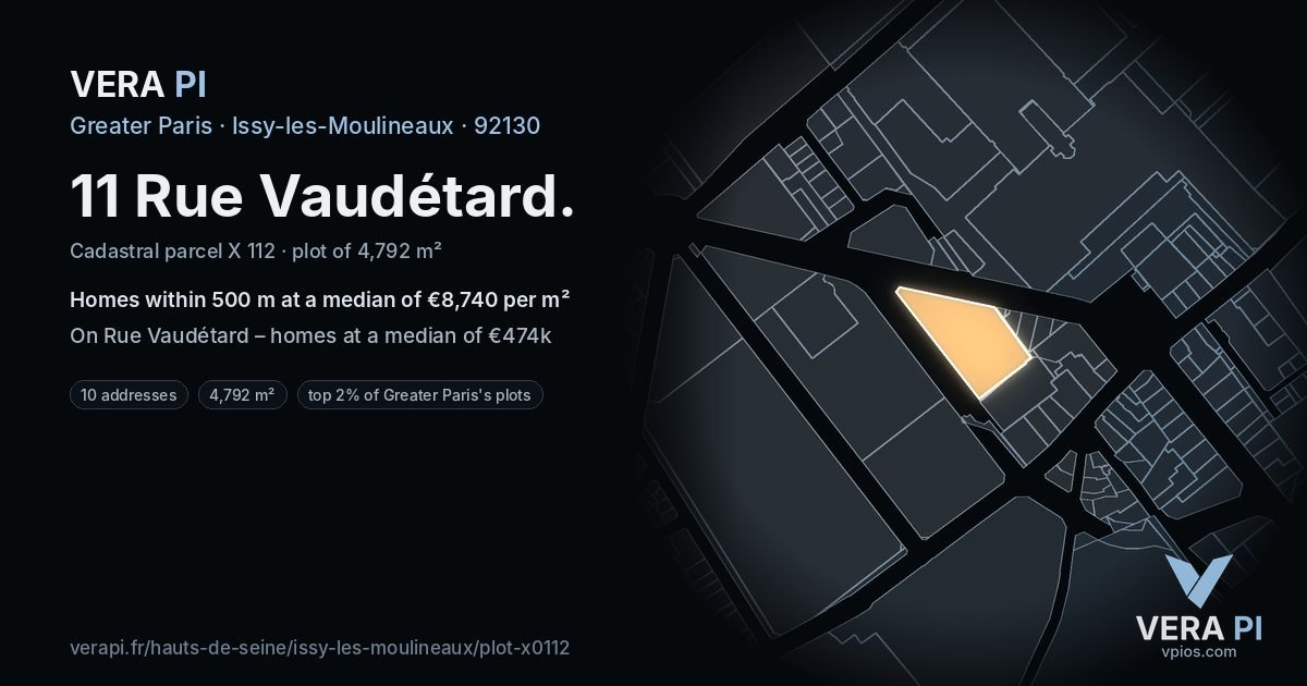 11 Rue Vaudétard, Issy-les-Moulineaux at night – the plot lit, the parcels around coloured by the prices near them