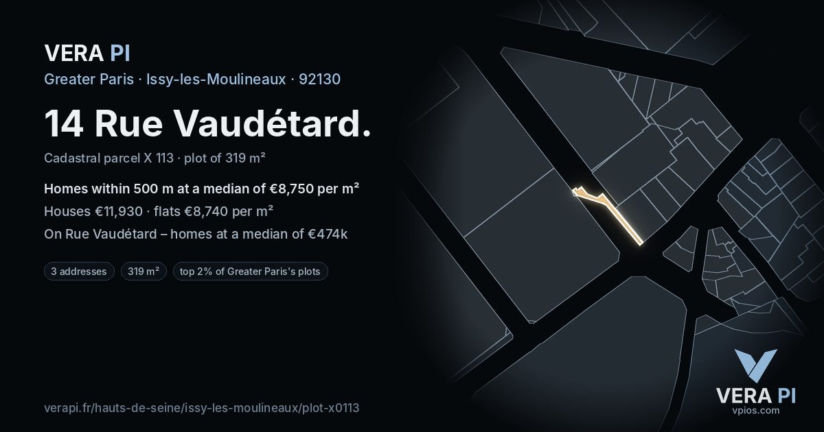 14 Rue Vaudétard, Issy-les-Moulineaux at night – the plot lit, the parcels around coloured by the prices near them
