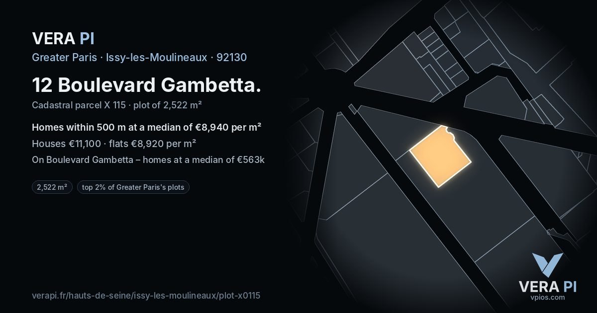 12 Boulevard Gambetta, Issy-les-Moulineaux at night – the plot lit, the parcels around coloured by the prices near them