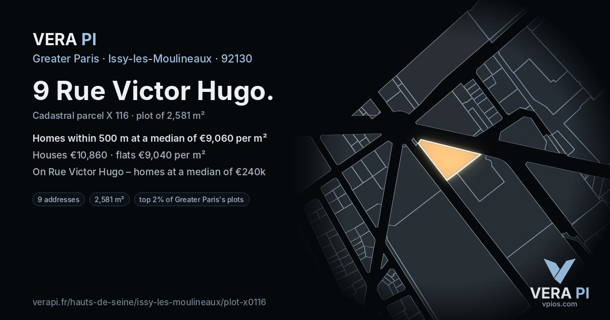9 Rue Victor Hugo, Issy-les-Moulineaux at night – the plot lit, the parcels around coloured by the prices near them