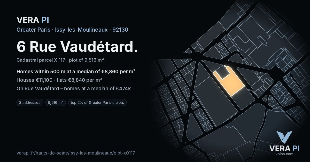 6 Rue Vaudétard, Issy-les-Moulineaux at night – the plot lit, the parcels around coloured by the prices near them