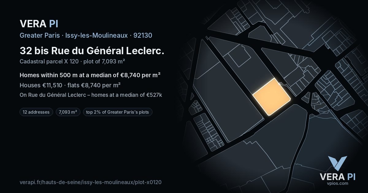 32 bis Rue du Général Leclerc, Issy-les-Moulineaux at night – the plot lit, the parcels around coloured by the prices near them