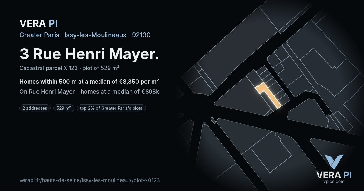 3 Rue Henri Mayer, Issy-les-Moulineaux at night – the plot lit, the parcels around coloured by the prices near them